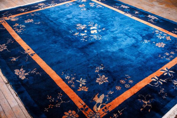 Antique chinese peking carpet 8'2"×9'10" blue open field, floral bird design, 1920s - detail view 2