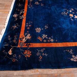 Antique Chinese Peking Carpet 8'2"×9'10" Blue Open Field, Floral Bird Design, 1920s - detail view 3