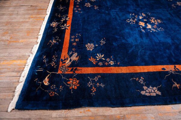 Antique chinese peking carpet 8'2"×9'10" blue open field, floral bird design, 1920s - detail view 3