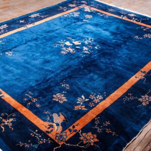 Antique Chinese Peking Carpet 8'2"×9'10" Blue Open Field, Floral Bird Design, 1920s - detail view 4