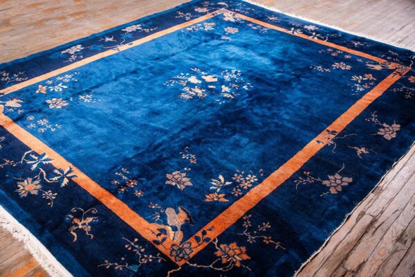 Antique chinese peking carpet 8'2"×9'10" blue open field, floral bird design, 1920s - detail view 4