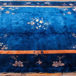 Antique Chinese Peking Carpet 8'2"×9'10" Blue Open Field, Floral Bird Design, 1920s - detail view 5