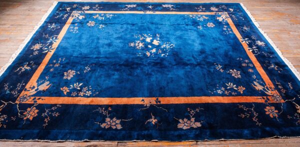 Antique chinese peking carpet 8'2"×9'10" blue open field, floral bird design, 1920s - detail view 5