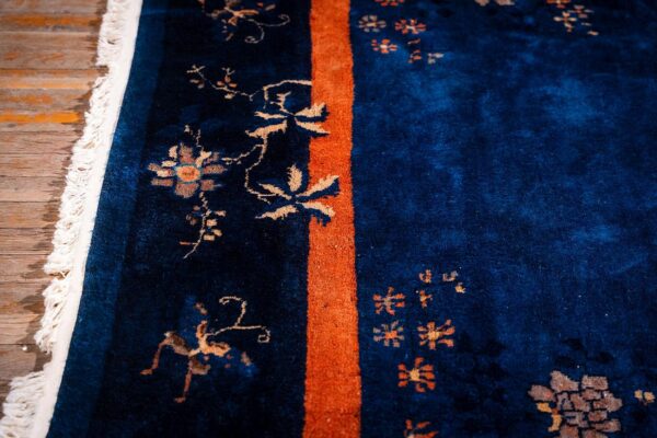 Antique chinese peking carpet 8'2"×9'10" blue open field, floral bird design, 1920s - detail view 6