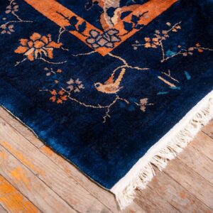 Antique Chinese Peking Carpet 8'2"×9'10" Blue Open Field, Floral Bird Design, 1920s - detail view 7