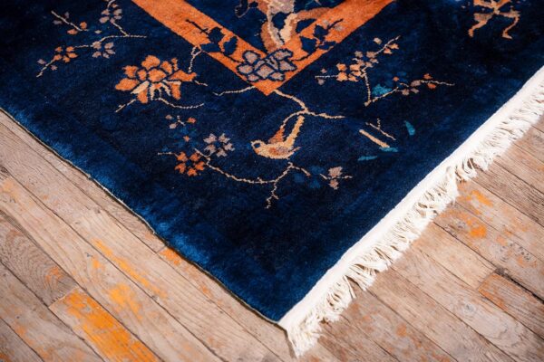 Antique chinese peking carpet 8'2"×9'10" blue open field, floral bird design, 1920s - detail view 7