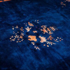 Antique Chinese Peking Carpet 8'2"×9'10" Blue Open Field, Floral Bird Design, 1920s - detail view 8