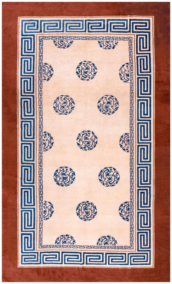 Antique chinese peking carpet 8'ã—13'6" ivory field, fox brown border, notable kangxi style, 19th century