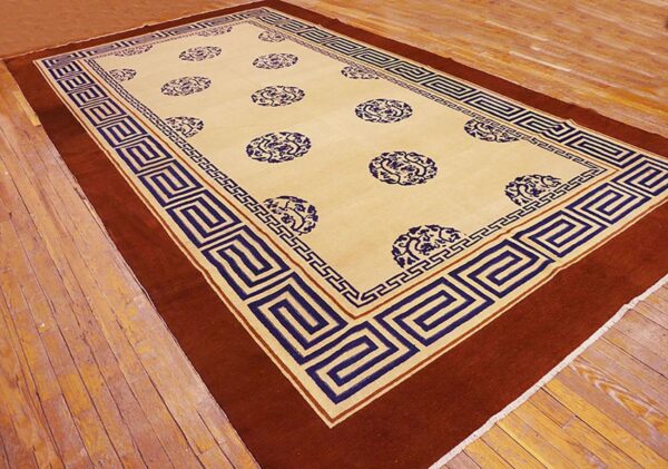 Antique chinese peking carpet 8'ã—13'6" ivory field, fox brown border, notable kangxi style, 19th century - detail view 1