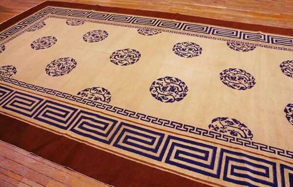 Antique chinese peking carpet 8'ã—13'6" ivory field, fox brown border, notable kangxi style, 19th century - detail view 2