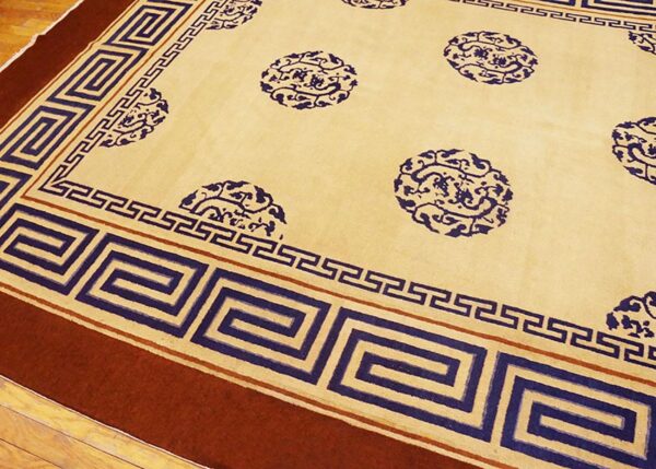 Antique chinese peking carpet 8'ã—13'6" ivory field, fox brown border, notable kangxi style, 19th century - detail view 3