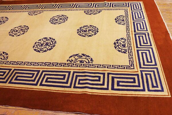 Antique chinese peking carpet 8'ã—13'6" ivory field, fox brown border, notable kangxi style, 19th century - detail view 4
