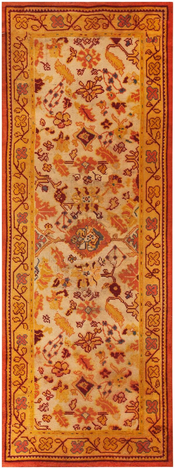 Antique donegal arts & crafts carpet 4'6"×11'9" ivory floral, yellow border, circa 1930, ireland 1 Antique donegal arts & crafts carpet 4'6"×11'9" ivory floral, yellow border, circa 1930, ireland