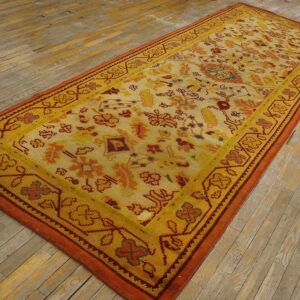 Antique Donegal Arts & Crafts Carpet 4'6"×11'9" Ivory Floral, Yellow Border, Circa 1930, Ireland - detail view 1