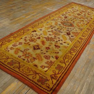 Antique Donegal Arts & Crafts Carpet 4'6"×11'9" Ivory Floral, Yellow Border, Circa 1930, Ireland - detail view 3
