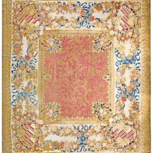 Antique English Armorial Axminster Carpet 14'4"Ã—16'2" Camel Field, Ivory Ribbon Garland Border, Late Regency, Circa 1820