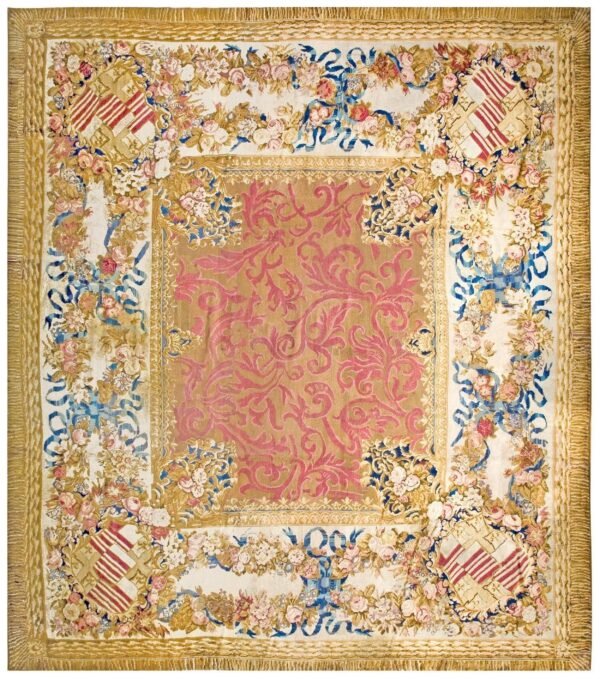 Antique english armorial axminster carpet 14'4"ã—16'2" camel field, ivory ribbon garland border, late regency, circa 1820