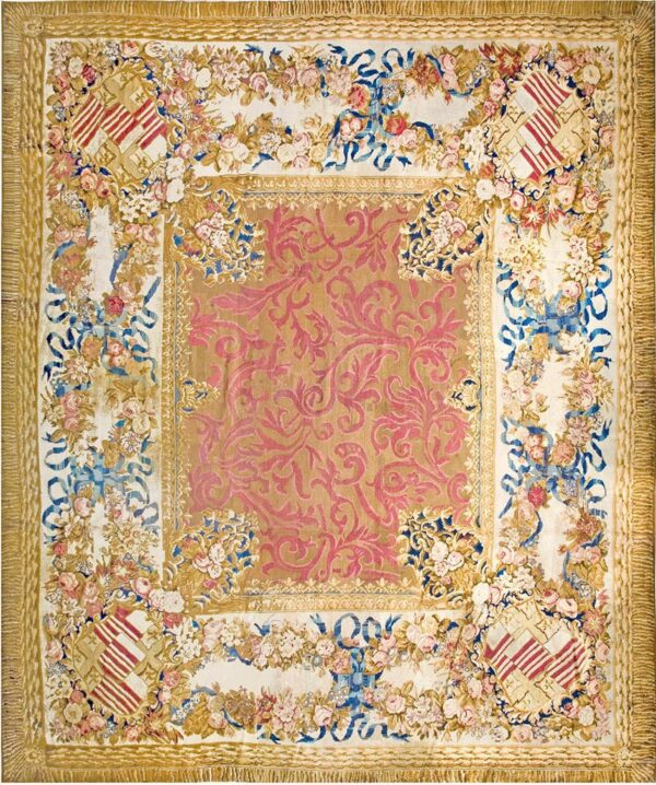 Antique english armorial axminster carpet 14'4"ã—16'2" camel field, ivory ribbon garland border, late regency, circa 1820 - detail view 1