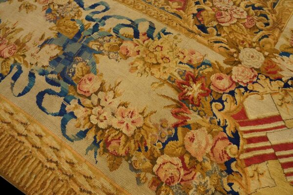 Antique english armorial axminster carpet 14'4"ã—16'2" camel field, ivory ribbon garland border, late regency, circa 1820 - detail view 3
