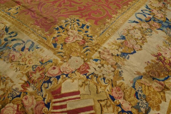 Antique english armorial axminster carpet 14'4"ã—16'2" camel field, ivory ribbon garland border, late regency, circa 1820 - detail view 5