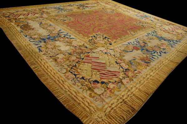 Antique english armorial axminster carpet 14'4"ã—16'2" camel field, ivory ribbon garland border, late regency, circa 1820 - detail view 7