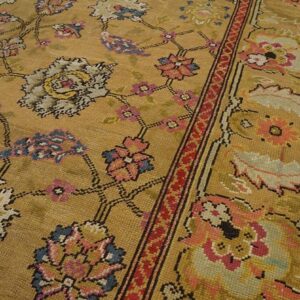 Antique English Axminster Carpet 12'×14' Camel & Ivory, Mughal-Inspired Design, Mid-18th Century, Circa 1750 - detail view 2