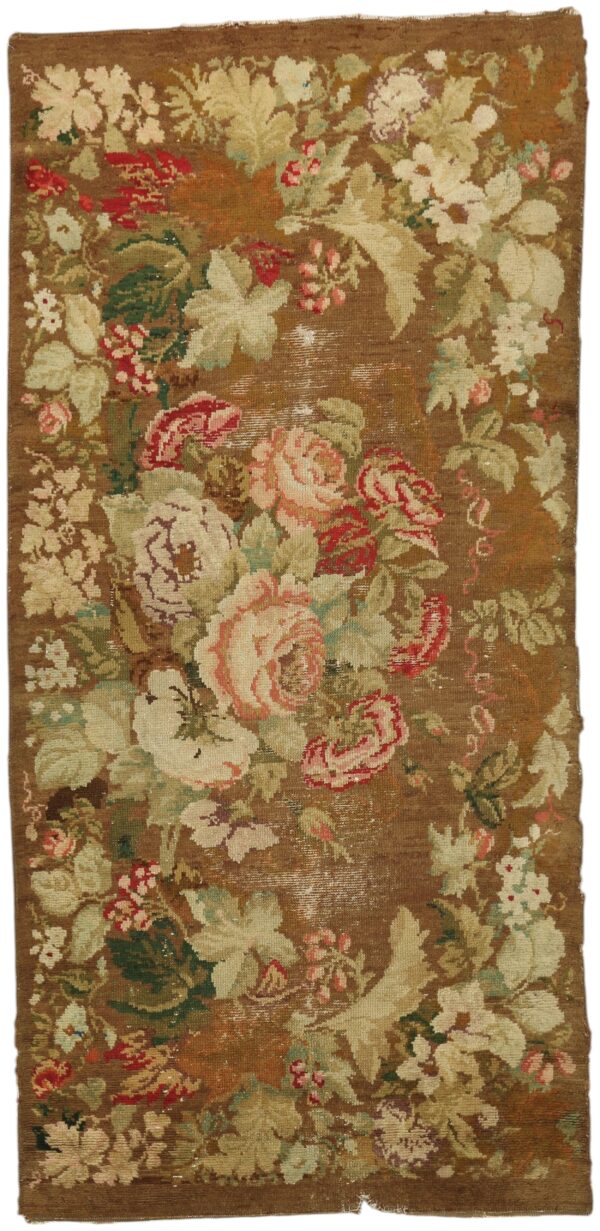 Antique english axminster rug 4'×8'8" camel/brown floral, hand-knotted wool, mid 18th century, circa 1750