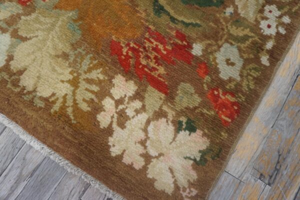 Antique english axminster rug 4'×8'8" camel/brown floral, hand-knotted wool, mid 18th century, circa 1750 - detail view 9