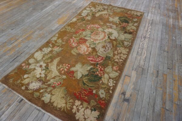 Antique english axminster rug 4'×8'8" camel/brown floral, hand-knotted wool, mid 18th century, circa 1750 - detail view 1