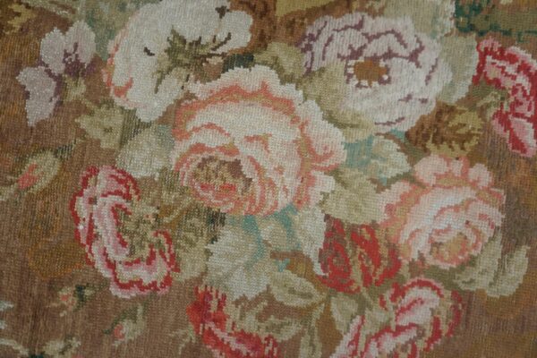 Antique english axminster rug 4'×8'8" camel/brown floral, hand-knotted wool, mid 18th century, circa 1750 - detail view 2