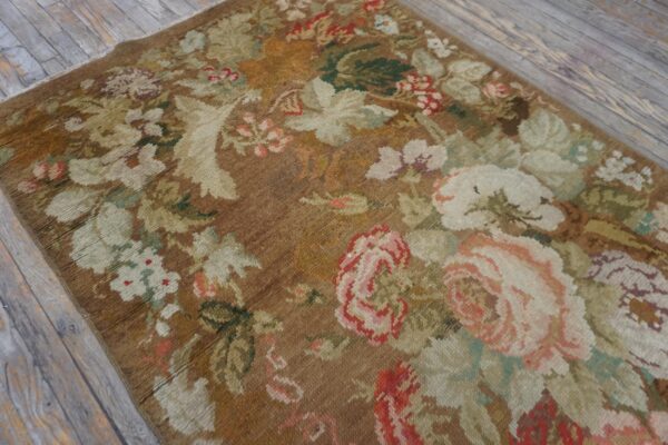 Antique english axminster rug 4'×8'8" camel/brown floral, hand-knotted wool, mid 18th century, circa 1750 - detail view 4