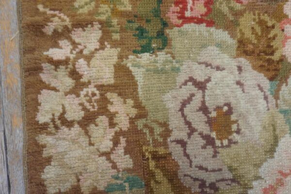 Antique english axminster rug 4'×8'8" camel/brown floral, hand-knotted wool, mid 18th century, circa 1750 - detail view 8