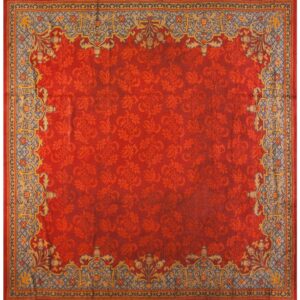 Antique English Edwardian Axminster Carpet 13'8"×14' Red Floral, Sky Blue Border, Circa 1900