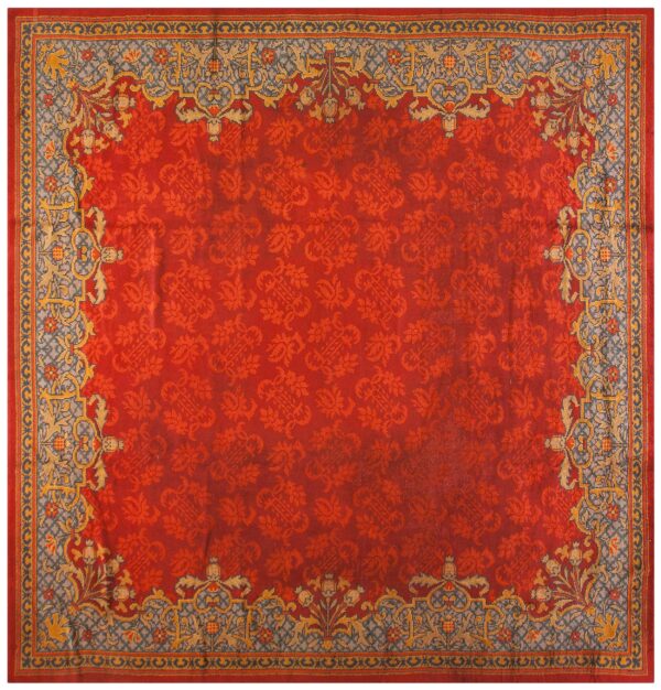 Antique english edwardian axminster carpet 13'8"×14' red floral, sky blue border, circa 1900 1 Antique english edwardian axminster carpet 13'8"×14' red floral, sky blue border, circa 1900