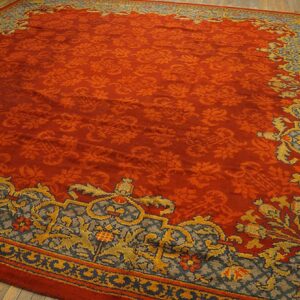 Antique English Edwardian Axminster Carpet 13'8"×14' Red Floral, Sky Blue Border, Circa 1900 - detail view 1