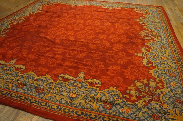 Antique english edwardian axminster carpet 13'8"×14' red floral, sky blue border, circa 1900 2 Antique english edwardian axminster carpet 13'8"×14' red floral, sky blue border, circa 1900 - detail view 1
