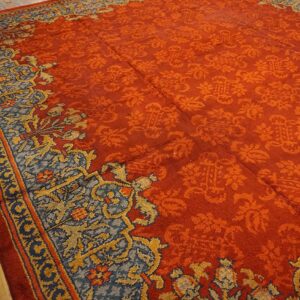 Antique English Edwardian Axminster Carpet 13'8"×14' Red Floral, Sky Blue Border, Circa 1900 - detail view 2