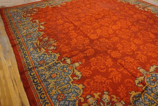 Antique english edwardian axminster carpet 13'8"×14' red floral, sky blue border, circa 1900 3 Antique english edwardian axminster carpet 13'8"×14' red floral, sky blue border, circa 1900 - detail view 2