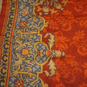 Antique English Edwardian Axminster Carpet 13'8"×14' Red Floral, Sky Blue Border, Circa 1900 - detail view 3