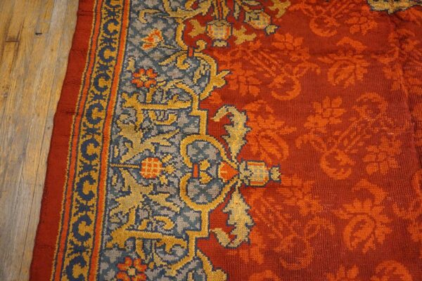 Antique english edwardian axminster carpet 13'8"×14' red floral, sky blue border, circa 1900 4 Antique english edwardian axminster carpet 13'8"×14' red floral, sky blue border, circa 1900 - detail view 3