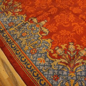 Antique English Edwardian Axminster Carpet 13'8"×14' Red Floral, Sky Blue Border, Circa 1900 - detail view 4