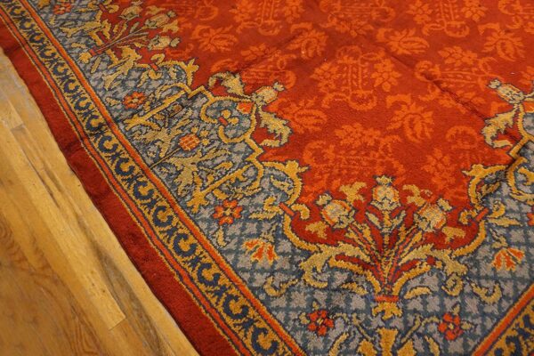 Antique english edwardian axminster carpet 13'8"×14' red floral, sky blue border, circa 1900 5 Antique english edwardian axminster carpet 13'8"×14' red floral, sky blue border, circa 1900 - detail view 4