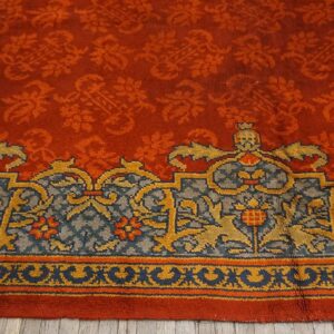 Antique English Edwardian Axminster Carpet 13'8"×14' Red Floral, Sky Blue Border, Circa 1900 - detail view 5