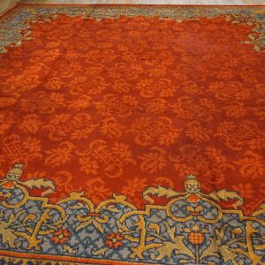 Antique English Edwardian Axminster Carpet 13'8"×14' Red Floral, Sky Blue Border, Circa 1900 - detail view 6