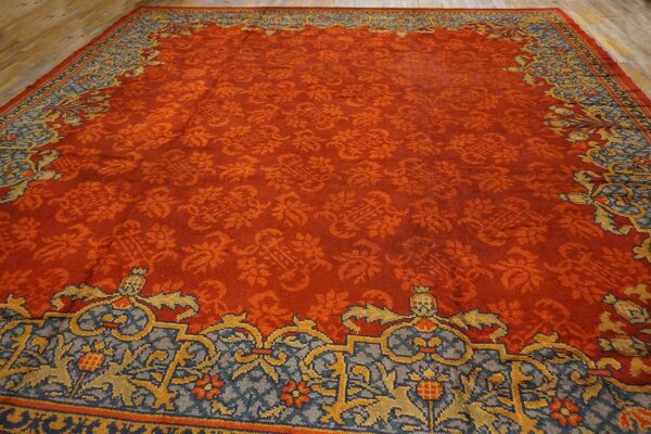 Antique english edwardian axminster carpet 13'8"×14' red floral, sky blue border, circa 1900 7 Antique english edwardian axminster carpet 13'8"×14' red floral, sky blue border, circa 1900 - detail view 6