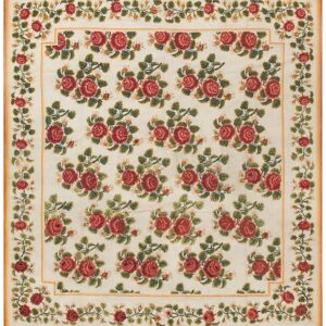 Antique English Needlepoint Carpet 6'10"×7'6" Ivory with Red Rose Vines, Circa 1890