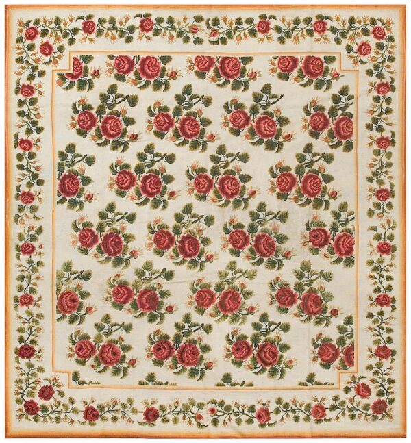 Antique english needlepoint carpet 6'10"×7'6" ivory with red rose vines, circa 1890 1 Antique english needlepoint carpet 6'10"×7'6" ivory with red rose vines, circa 1890