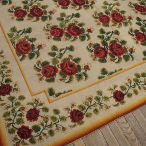 Antique English Needlepoint Carpet 6'10"×7'6" Ivory with Red Rose Vines, Circa 1890 - detail view 9