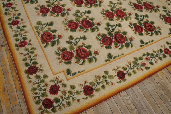 Antique english needlepoint carpet 6'10"×7'6" ivory with red rose vines, circa 1890 10 Antique english needlepoint carpet 6'10"×7'6" ivory with red rose vines, circa 1890 - detail view 9