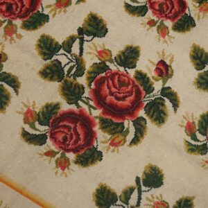Antique English Needlepoint Carpet 6'10"×7'6" Ivory with Red Rose Vines, Circa 1890 - detail view 1